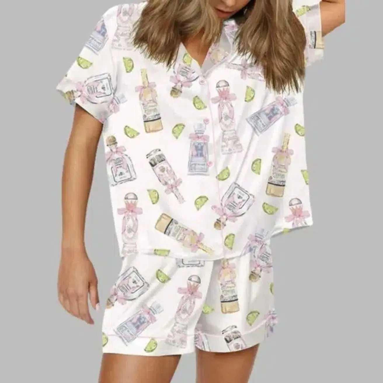 Tequila Bottle Satin Pajama Set, Colorful Cocktail Drink Print Button Down Top and Shorts, Fun Party Sleepwear for Women