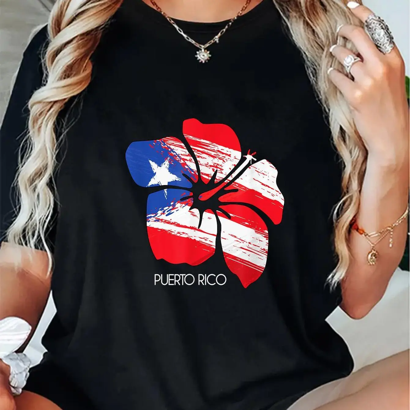 Women's 100% Pure Cotton Puerto Rico Amapola Boricua Flag Graphic Print Short Sleeve Round Neck T-Shirt - Casual Regular Fit Knit Pullover, Medium Stretch, All Season Culture Roots Top, Vintage Streetwear, Machine Washable