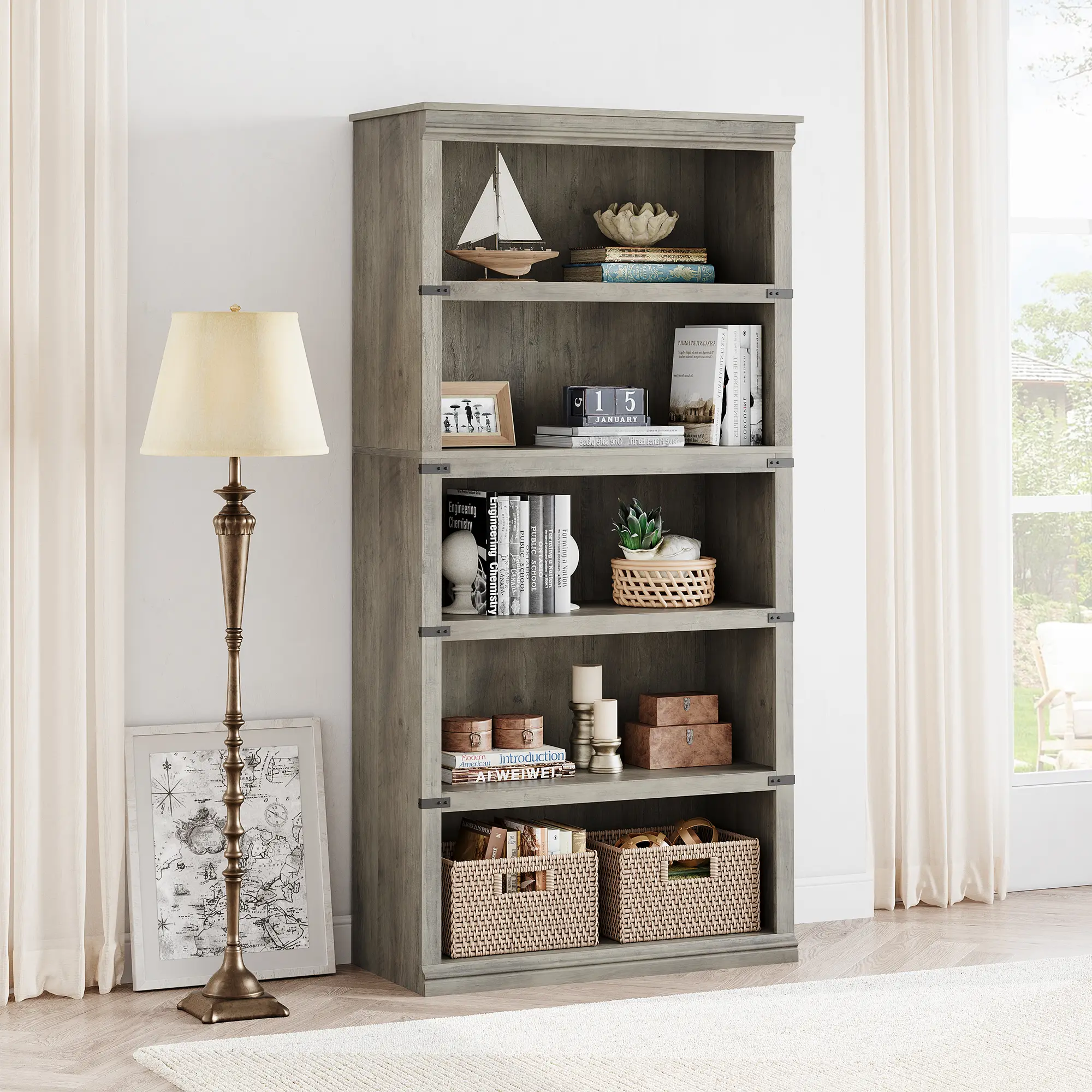 Rustic Grey 5-Tier Farmhouse Bookcase, 67" Tall Sturdy Wood Books Shelving Unit for Living Room, Home Office - Commercial & Office Furniture Display Rack