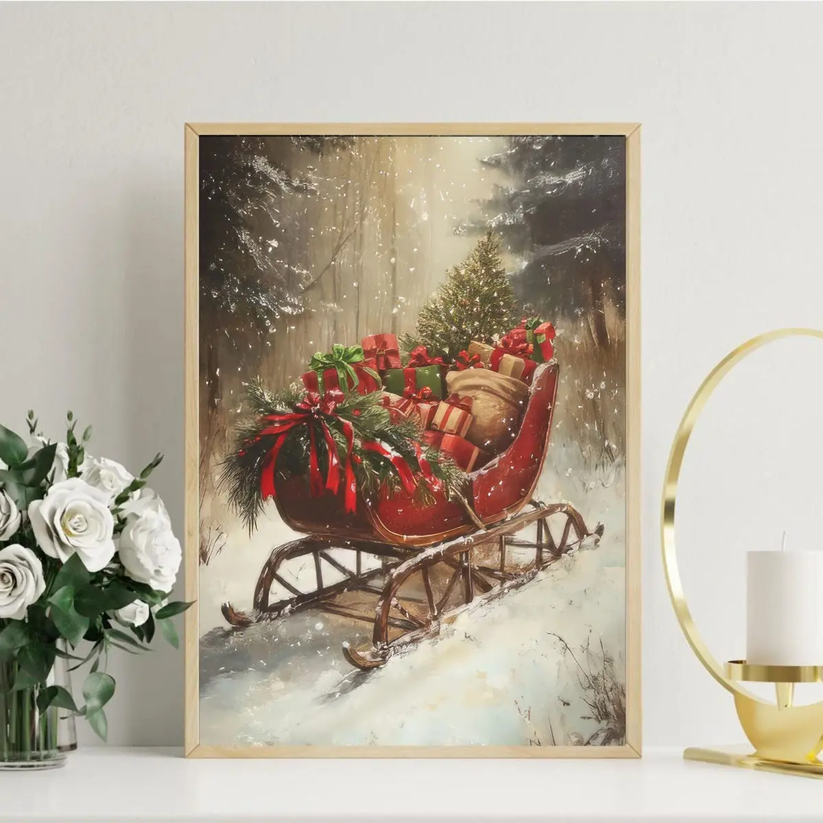 Vintage Christmas Sleigh Print: Rustic Holiday Wall Art