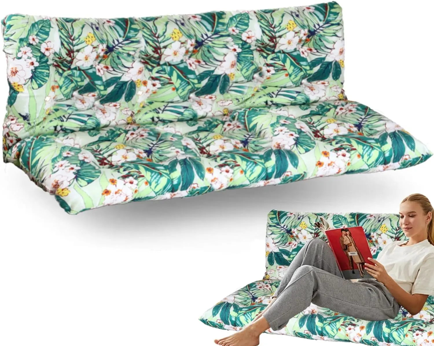 Porch Swing Cushions Outdoor, 2-3 Seat Swing Replacement Cushions Waterproof, 4" Thick Bench Cushion with Backrest and Ties for Garden Furniture (Green&White Flowers, 40x60 inch Cushion)
