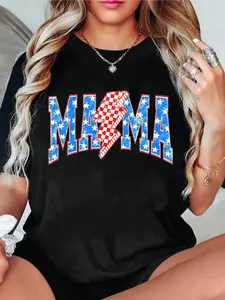 Women's Patriotic Mama Checkered Lightning Bolt Oversized Short-Sleeve T-Shirt - 4th of July Retro Vintage, Casual Streetwear, Round Neck, Comfortable Fit Graphic Tee, Shortsleeve, Tshirt
