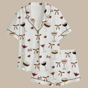 Women’s Espresso Martini Print Satin Pajama Set, Tini Time Cocktail Short Sleeve Sleepwear - Women's Novelty Golfer Sport Sleepwear Soft & Breathable Summer Sleepwear for Women