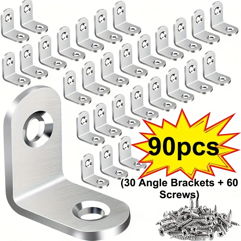 90PCS: 30PC L-Brackets and 60PC Wood Cabinet Screws — Right-Angle Supports, Heavy-Duty Connecting Brackets, Heavy Duty Fastening | Ideal for Shelves, Wooden Furniture, Cabinets | Right-Angle Braces | Industrial-Grade Hardware | DIY & Home Improvement