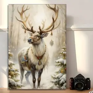 Vintage Christmas Deer Canvas Wall Art with Wooden Frame Cozy Holiday Decoration for Living Room Bedroom Home Office Ready to Hang Nature Theme Gift Idea