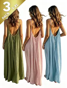 3 Pcs！2026 Summer Solid Color Cami Nightdress for Women – Soft Sleeveless Long Sleepwear, Loose Loungewear for Home & Travel, Stylish Backless Casual Essential Breathable