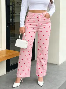 Plus Size Elastic Washed Heart Print Girl Loose Wide Leg Casual Jeans Pants, New Dating All Seasons Wear, Plus Size Comfortable Fit Women Womenswear