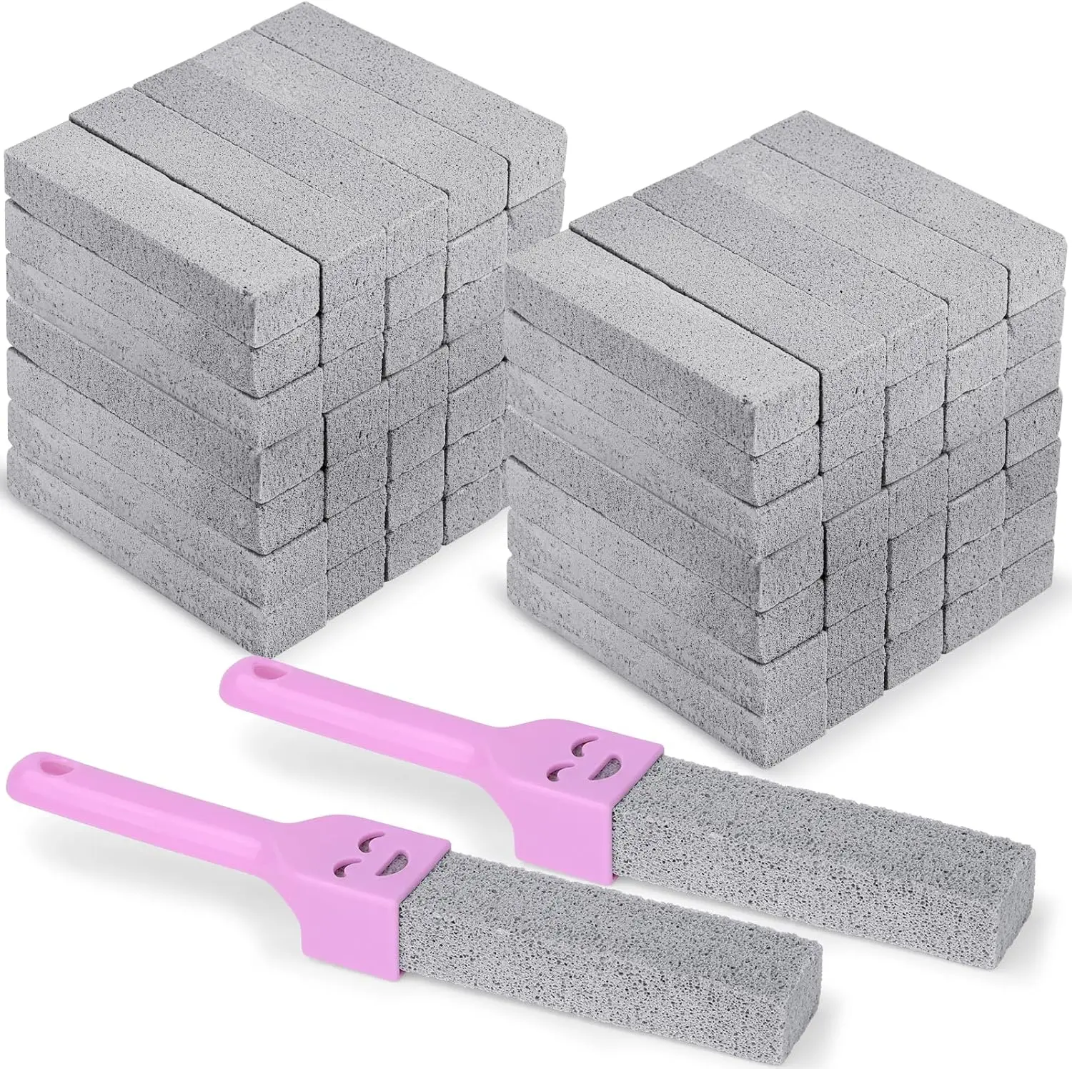 50 Pack Pumice Stones Bulk for Cleaning - Grey Pumice Scouring Pad with 2 Universal Handles, Pumice Stick Cleaner for Removing Toilet Bowl Ring, Bath, Household, Kitchen, Pool, 5.9 x 1.4 x 0.9 Inch