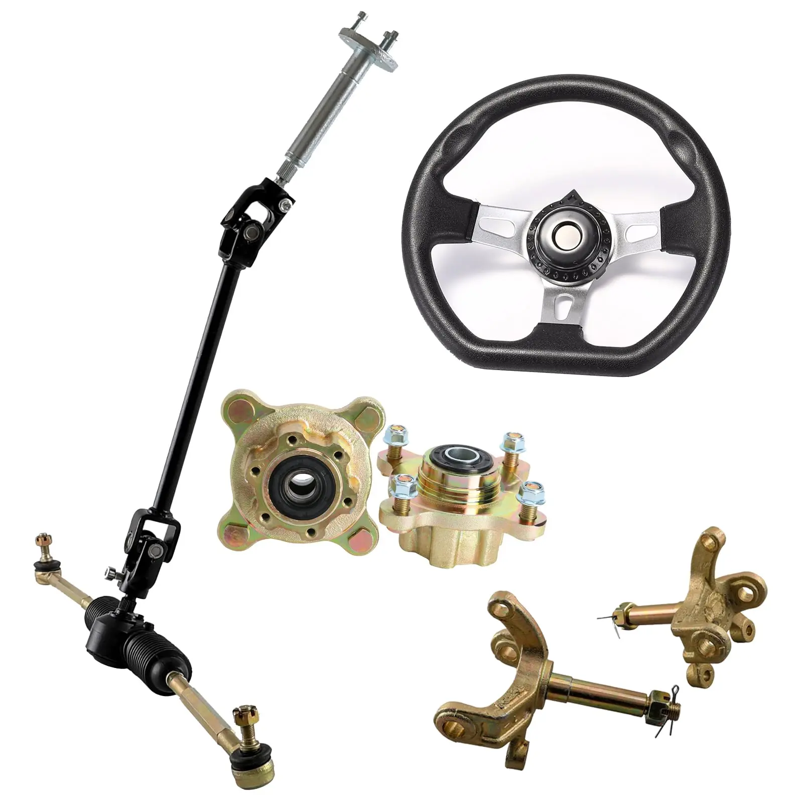 Go Kart Steering Wheel Assembly Kit | Includes Steering Wheel, Adjustable Shaft, Tie Rod, Rack, 4 Stud Front Wheel Hubs & Steering Knuckle Spindles | for Dune ATV UTV Drift Trike Golf Cart Buggy Quad