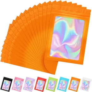 50Pcs Resealable Bags for Food Storage 6.3x9.4Inch Holographic Bags with Clear Window Foil Pouch Packaging Bag Self Sealing Bag for Party Favors, Lipgloss, Jewelry, Candy Orange