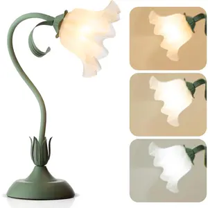 Flower Table Lamp,Vintage Lily of The Valley Flower Lamps Flower Night Light LED Reading Light with Adjustable Gooseneck, 3 Color Modes Cute Bedside Lamp for Bedroom and Living Room Decor (Green lamp)