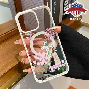 Butterflies flowers crosses Pattern Magnetic Phone Case Supports Wireless Charging for iPhone 15 16 14 Pro Max 13 12 11 XR XS Plus E Shockproof Non Slip Protection Silicone Transparent Acrylic Cover Cellphone Protective
