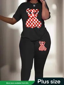 【Plus Size】 Two-Piece Set Cartoon Bear Print Tee & Elastic Waist Skinny Pants, Casual Round Neck Short Sleeve T-shirt & Trousers, Women's Two-piece Outfits for Spring & Fall, Casual Loungewear Set
