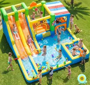 EDLKRT Inflatable Bounce House Double Water Slide,11 in 1 Inflatable Water Slide Park with 680W Blower, Splash Pool, Climbing Wall, Bouncy Castle for Indoor Outdoor Backyard
