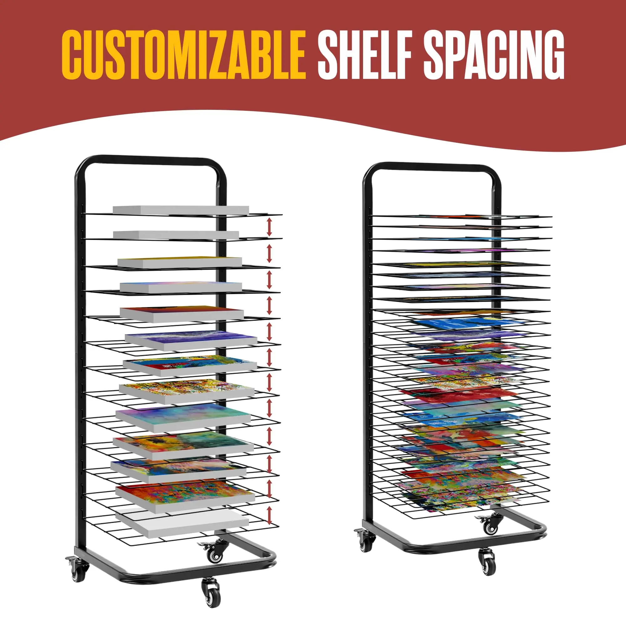 Houseables Art Drying Rack For Classroom, Paper Drying Rack, Art Dryer, Shelf Organizer For Painting, Paint, Canvas Storage, Preschool, Class Supplies, Studio, 25 Shelves, With Wheels, 45” x 18” x 13”
