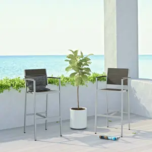Modway Shore Bar Stool Outdoor Patio Aluminum Set of 2 in Silver Gray