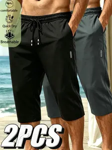 2 Pcs Men's Summer Quick-Dry Sporty Capri Pants, Lightweight Breathable Polyester, Fashion Casual Wear, Sweat-Resistant Fabric