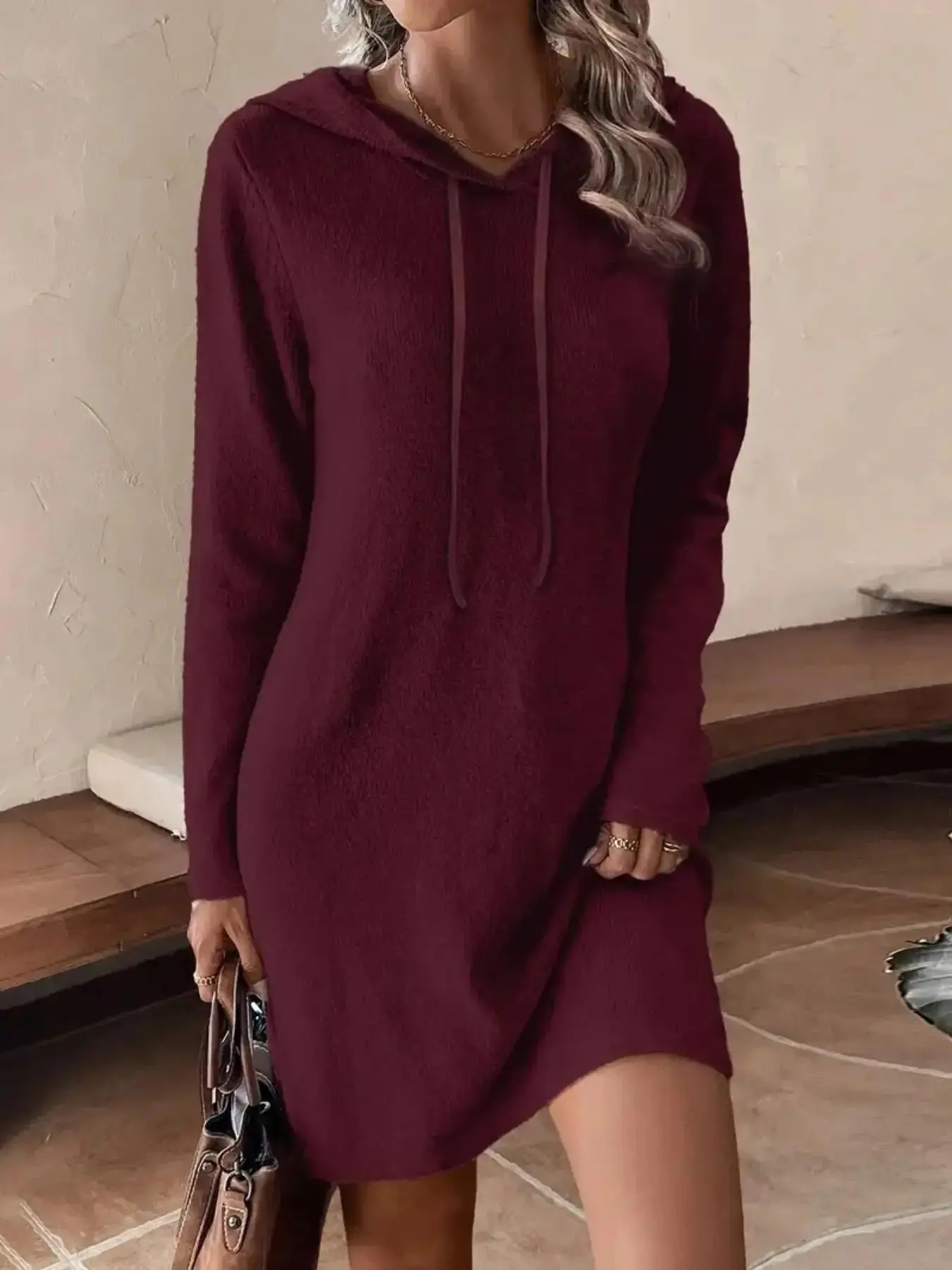 Women's Cozy Hooded Long Sleeve Knit Dress, Soft Loose Silhouette with Textured Elegance, Fall Winter European Style, Comfortable Casual Dresses Womenswear Knitwear, versatile piece