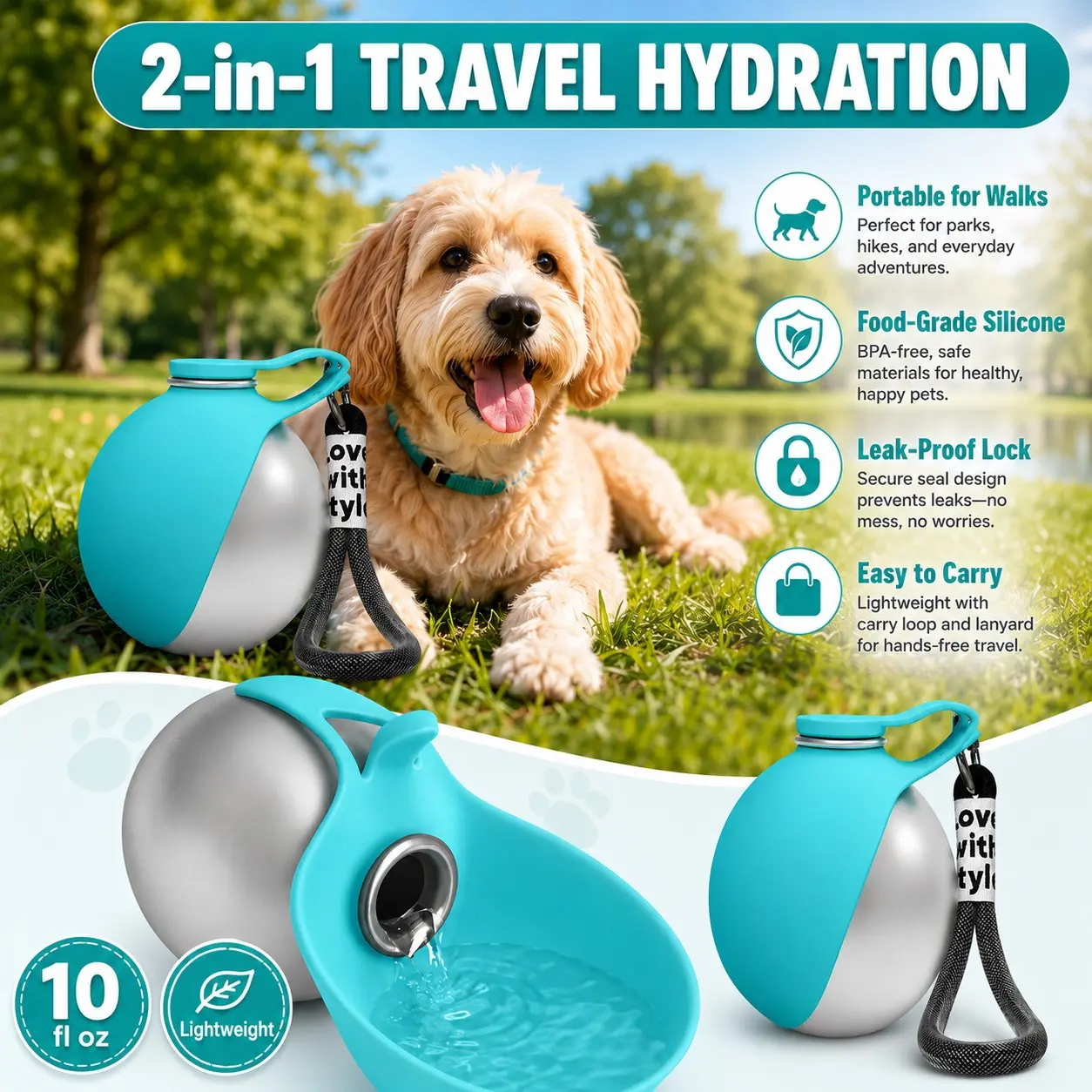 2-in-1 Dog Water Bottle, 285ml Stainless Steel Portable Water Dispenser with Removable Silicone Bowl, Leak-Proof Travel Water Cup for Small Dogs Outdoor Walking
