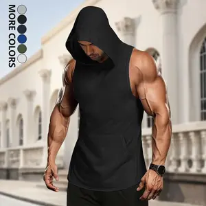 Men's Sports Casual Hooded Vest - Lightweight Polyester Fiber with Kangaroo Pocket, Slightly Stretchable Regular Fit Short Sleeve Top Suitable for Spring and Summer Running and Outdoor Activities, Casual Wear | Sporty Style | Polyester Fiber Sweatshirt