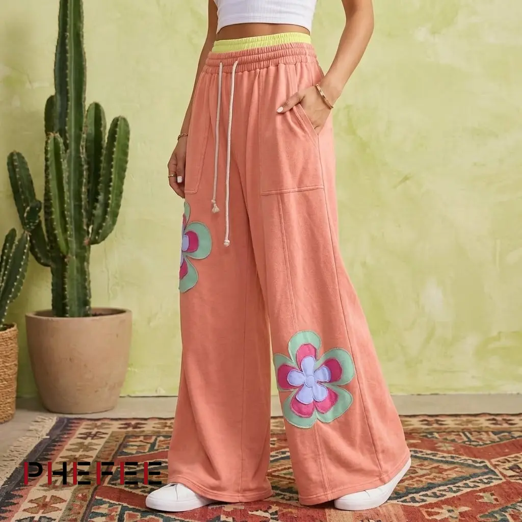 PHEFEE Retro Flower Applique Wide Leg Sweatpants | High Waisted Casual Lounge Pants with Drawstring & Pockets | Cozy Cotton Blend Pastel Streetwear, Baggy, Bottoms, Sporty