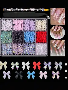 12 Grids 3D Bow Nail Charms, Flatback Pearls Glitter Rhinestones, Sparkly Rhinestone, Nail Art Decorations with Tools, Perfect for DIY Manicures & Pedicures