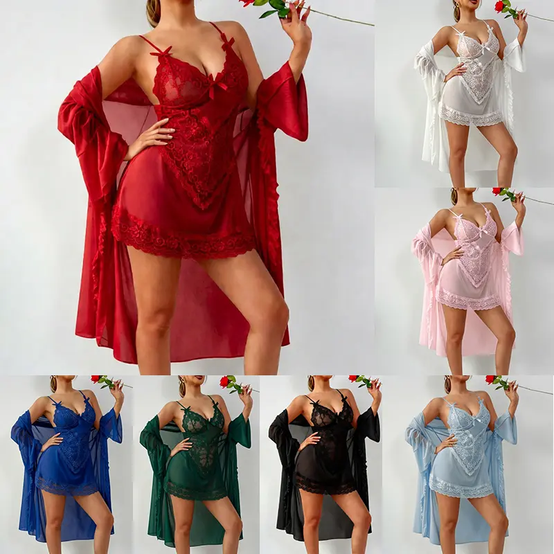Women Nightgown Set Sheer Mesh Contrast Lace Panel Sleepwear Set