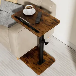 Sofa armrest tray table for couch — 360° rotating, height-adjustable end for small spaces; snack side table for bed or chair with phone and tablet slots (rustic, standard).