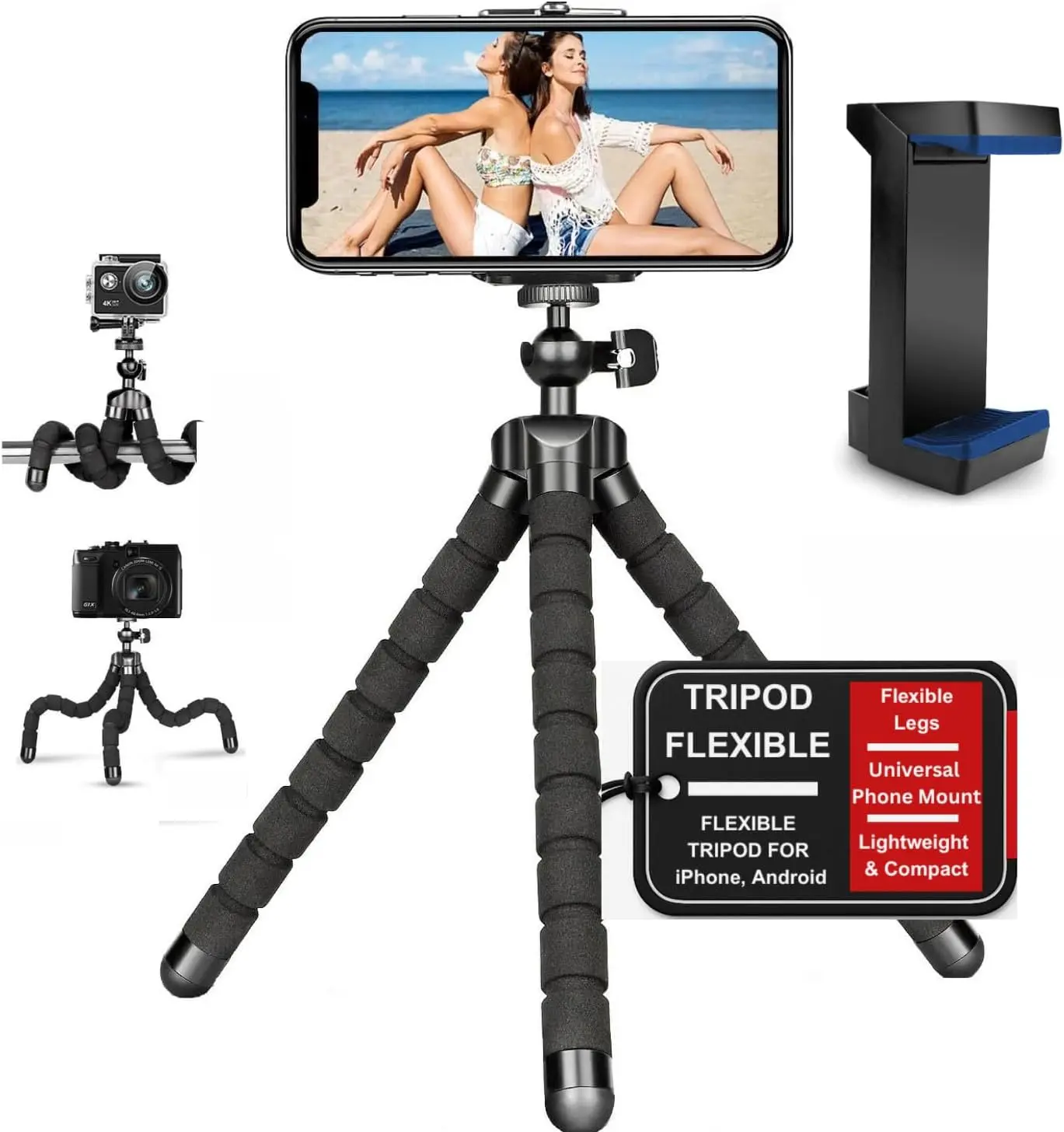 eDealz Flexible Phone Tripod Universal Smartphone Stand Portable Lightweight Mini Stabilizer with Adjustable Phone Mount Holder for iPhone Android Camera Vlogging Content Creation TikTok YouTube