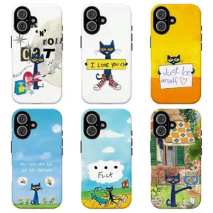 FL-Whimsical Peteee the Cat Phone Case,Cute Blue Cat with Colorful Scenes Protective Cover For iPhone 11 12 13 14 15 16 17 Air Pro Max for Samsung S26 S25 S24 S23 S22 S21 Case,Gift for her/him