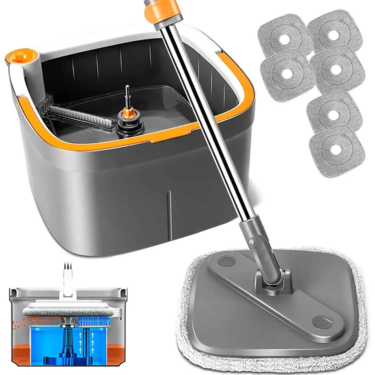 Gray Spin Mop with 6 mop pads