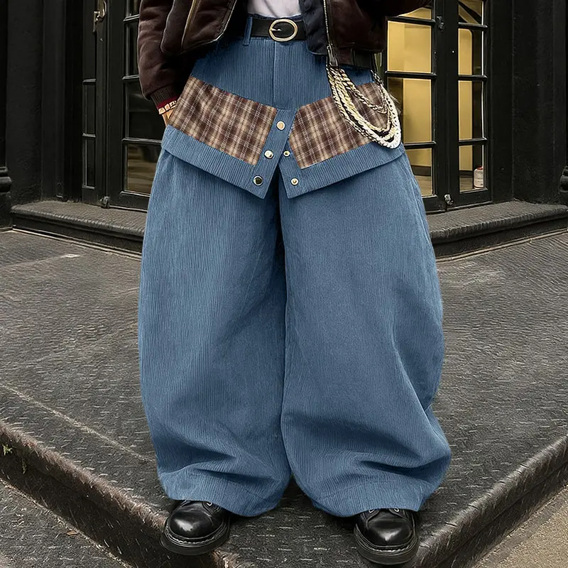 INCERUN Men's Polyester Zipper Plaid Patchwork Casual Loose Wide Leg Long Pants, Spring-Fall Holiday Street Baggy Bottoms, Baggy Pants