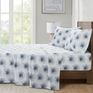 Madison Park Essentials MPE20-1042 90 x 102 x 0.13 in. 200 Thread Count Printed Cotton Sheet Set, Blue Palmetto - Queen Size