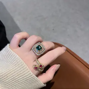 Adjustable opening ring Stylish atmosphere, high-end sense, emerald square diamond set with zirconium ring, double-headed snake ruby ring.