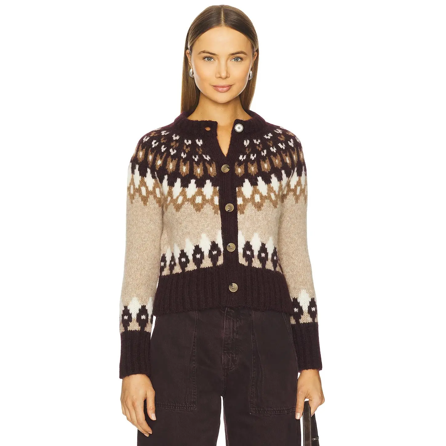 Veronica Beard Christina Fairisle Cardigan in Raisin Multi