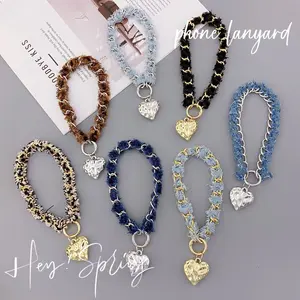 Denim & Metal Chain Phone Lanyard, Popular Heart Charm Wrist Strap, Trendy Frayed Denim Phone Accessory, durable woven construction & elegant heart detail, great for everyday phone handling, bag decoration, weekend trips and personalized phone styling