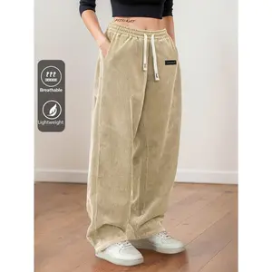 Women's corduroy pants for spring and autumn, designed with lightweight fabric, elastic waistband, and drawstring. Ideal for casual outings and dates.