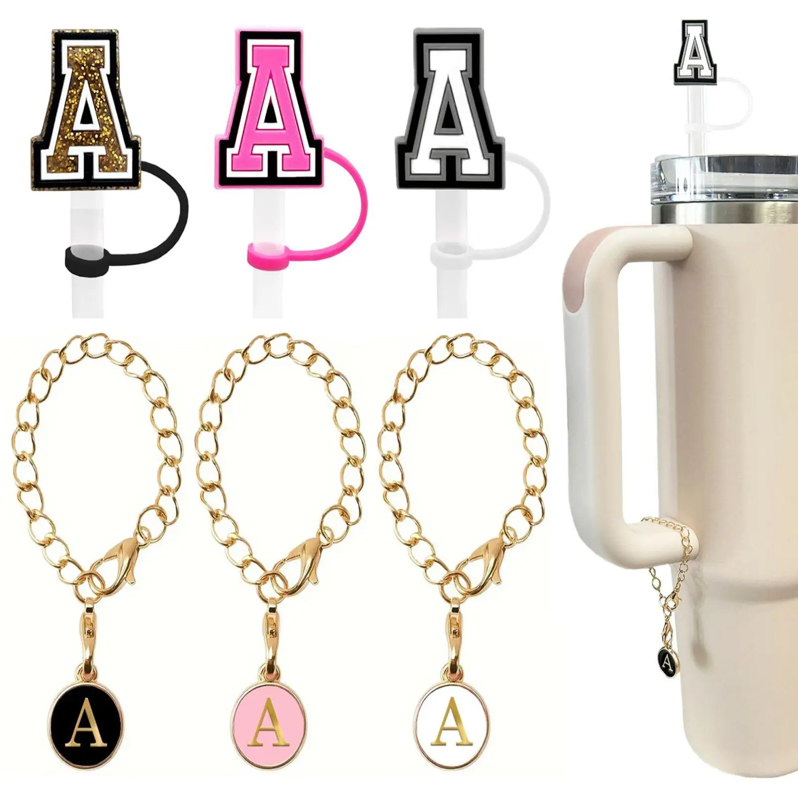 Letter Design Chain Charm and Straw Cover Cap Set, 6 Counts Including 3 Initial Letter Charm and 3 Straw Top Cover for Tumbler [Tumbler Not Included]