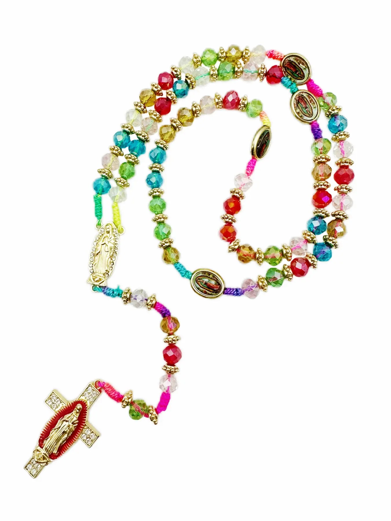 Mexican Virgin Mary Necklace, Beaded Pendant Necklace, Religious Pendant, Spiritual Pendant, Crucifix Cross Pendant, Guadalupe Protection Blessing Charm, Catholic Handmade Jewelry, Unisex Car Hanging Charm, Versatile Accessory