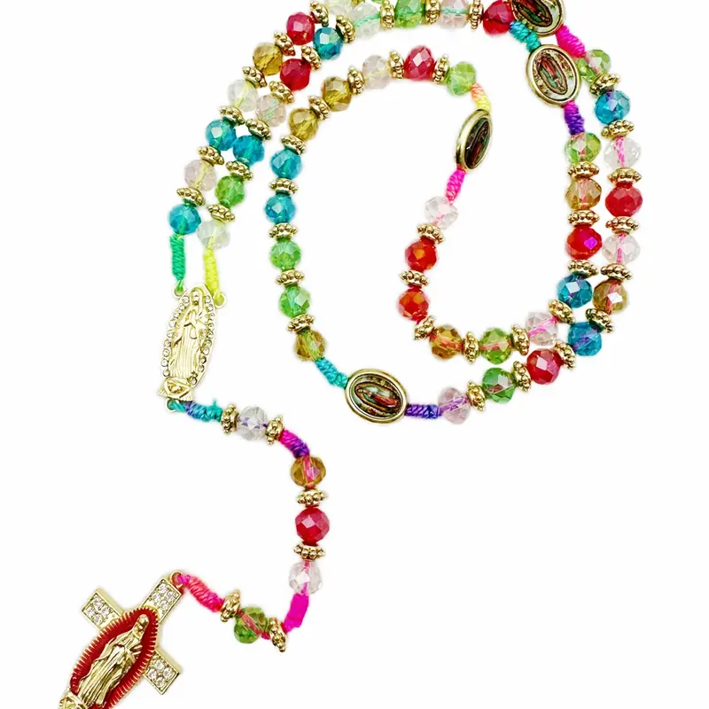 Mexican Virgin Mary Necklace, Beaded Pendant Necklace, Religious Pendant, Spiritual Pendant, Crucifix Cross Pendant, Guadalupe Protection Blessing Charm, Catholic Handmade Jewelry, Unisex Car Hanging Charm, Versatile Accessory