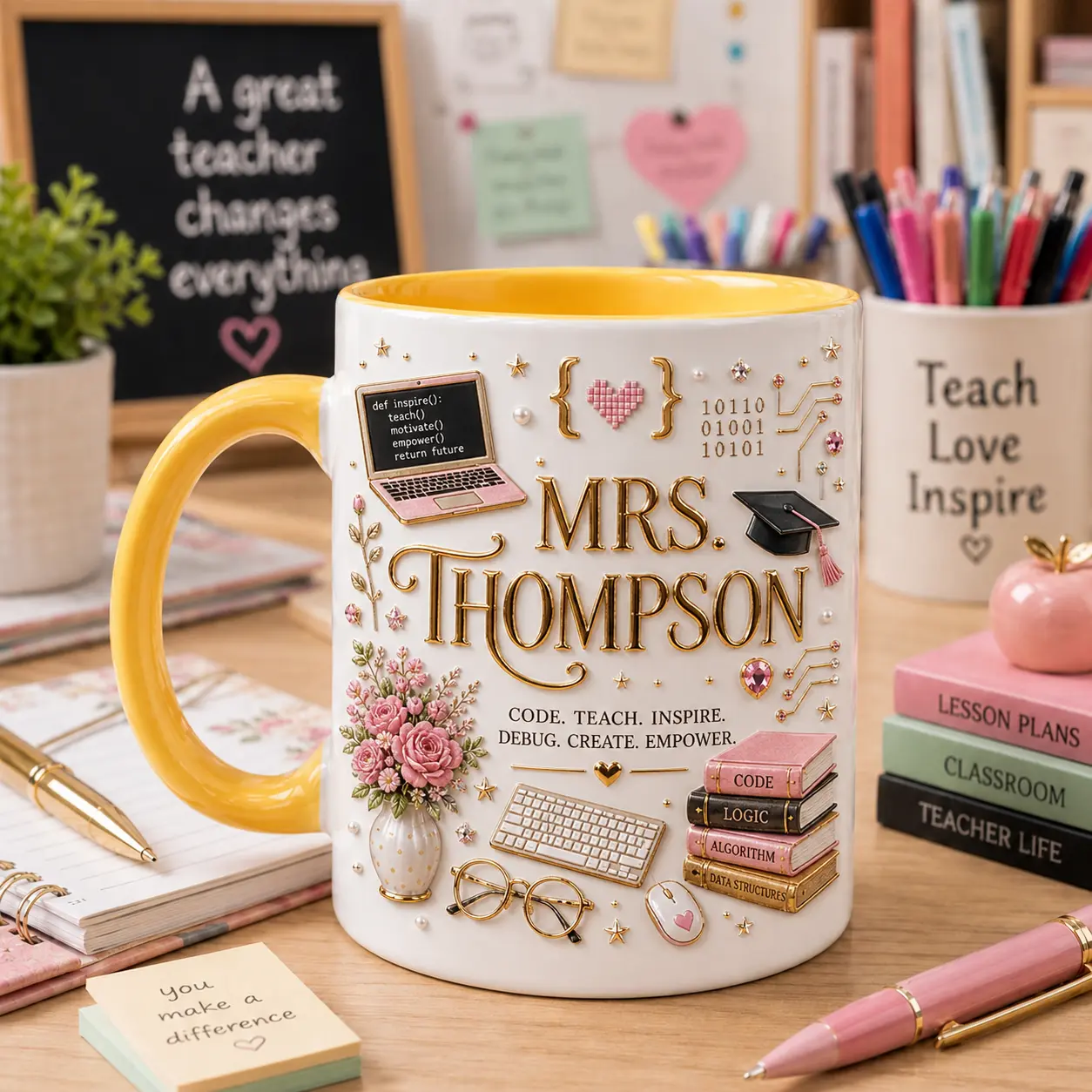 Custom Name Computer Science Teacher Mug Coffee Cup 2D Printed 3D Effect Tech Design Durable Ceramic for Computer Science Teachers STEM Educators IT Instructors School Staff Family Friends Back to School Birthday Holiday Appreciation Meaningful Gift Idea