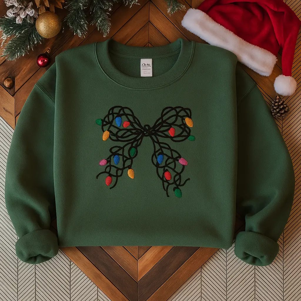 Embroidered Tangled Christmas Lights Bow Sweatshirt, Funny Holiday Crewneck, Messy Xmas Gift, Winter Tee, Light String Sweater