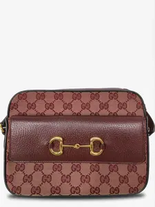 Pre-owned GUCCI GG Coated canvas and leather Shoulder Bags 1955 Horsebit Shoulder Bag Burgundy/Red GG monogram with burgundy leather trim Excellent S014260307030