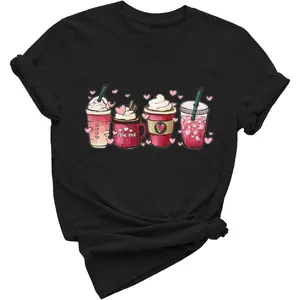 Women's Valentines Day Shirt Valentine Coffee T Shirt Cute Love Hearts Graphic Tee Coffee Lovers Tops Holiday Blouse