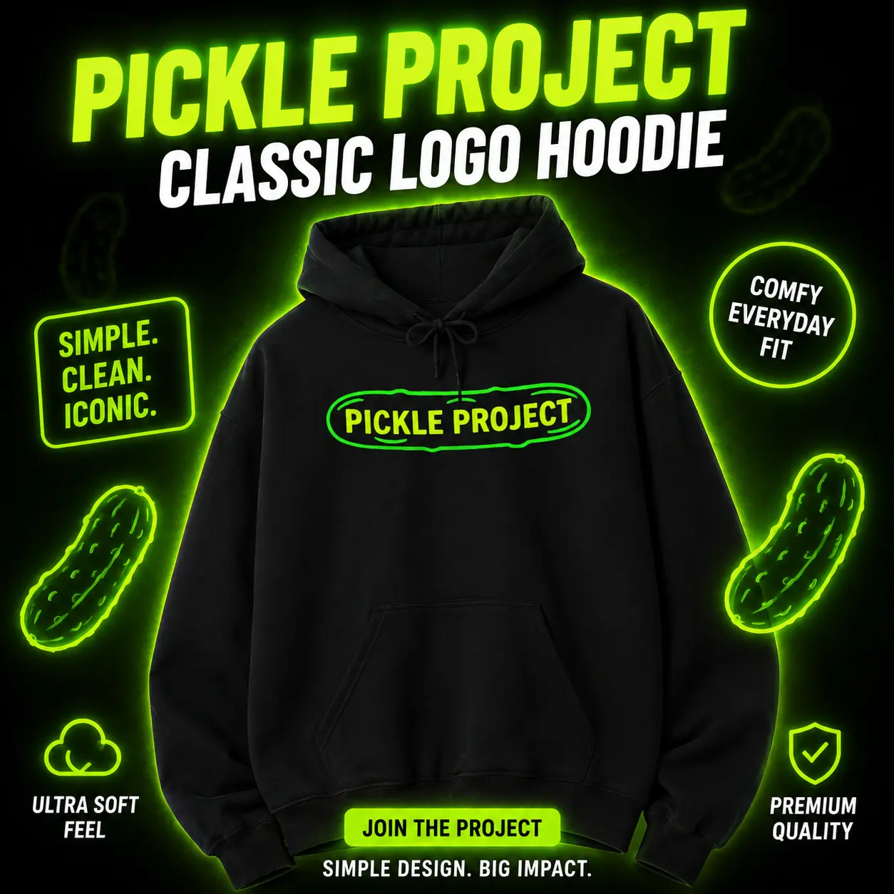 Men's "Big Dill" Pickle Project Logo Hoodie - Neon Green Pickle Graphic Sweatshirt Menswear Tops