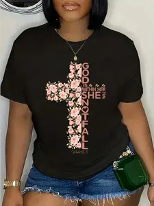 100% Cotton God Is Within Her She Will Not Fall Cross Flower Christian T-Shirt Breathable Fabric Religious Cross Print Casual T-Shirt