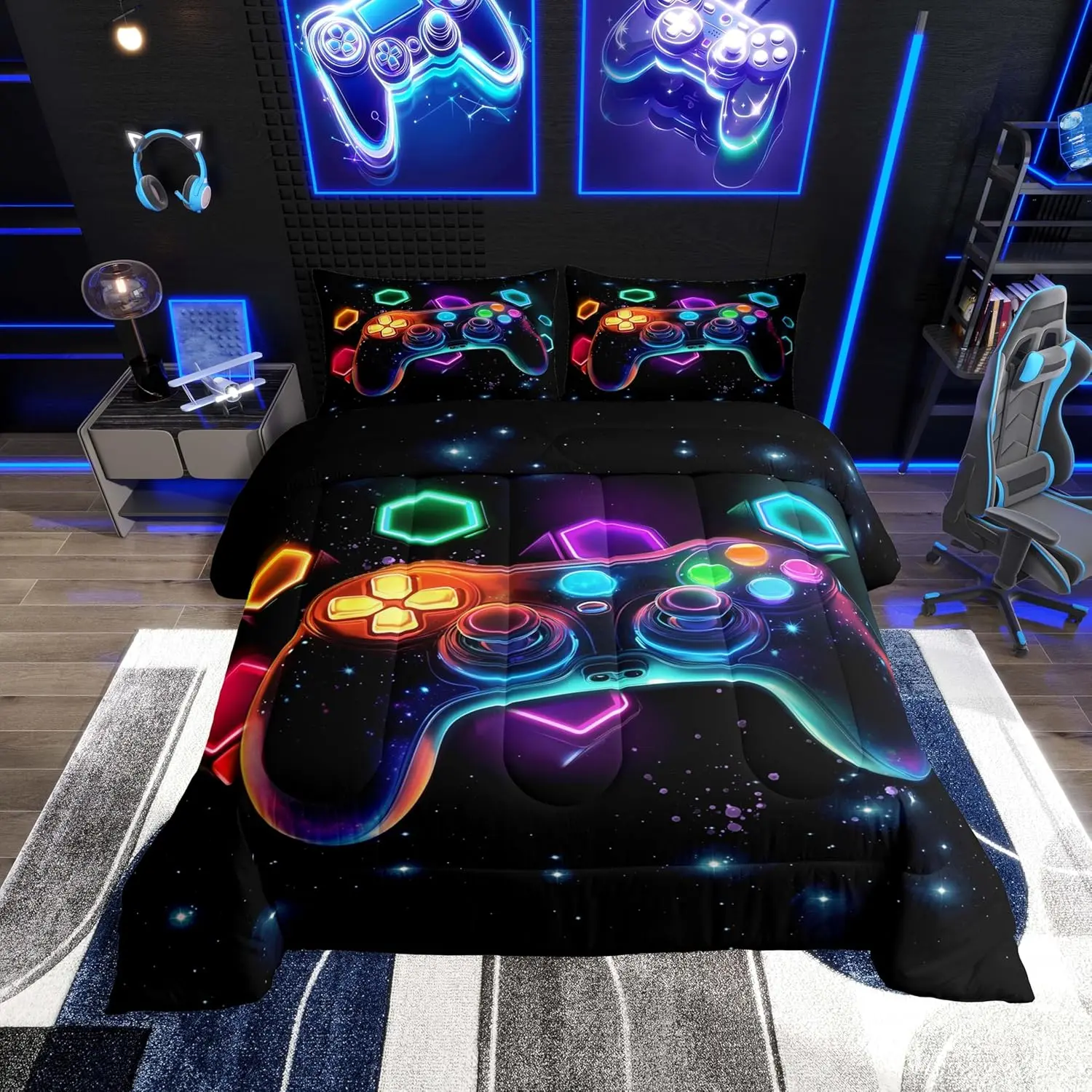 Feelyou Low Roll Over Gaming Theme Polyester Fiber Duvet Cover Set - Breathable Fabric, Multi-Size Queen Option, Travel-Friendly Soft Bedding, Gamer Gift for Boys, Space Glow Red-Green-Blue-Teal Decor Duvetcoverset