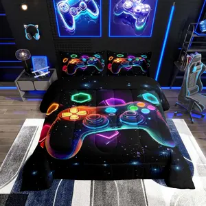 Feelyou Gaming Theme Bedding Set - Soft Breathable Polyester Fiber Multi-Size Duvet Cover Set, Gamer Gift for Boys, Space Glow Red-Green-Blue-Teal Bedroom Decor