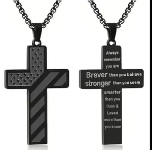 Fashions Lab American Flag Cross  for Boys, Stainless Steel Square Chain, 22+2 Inch, Inspirational Bible Verse Cross Pendant, Patriotic Jewelry, Personalized Christian Men's Gift, Men's Cross Pendant , Hip Hop Punk Stainless Steel trending Rotating
