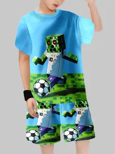 Boys Exclusive Minecraft Zombie Soccer Pixel Fun Short Sleeve Set, Casual Fitted Design for Playtime, Blue Color Cartoon Pattern